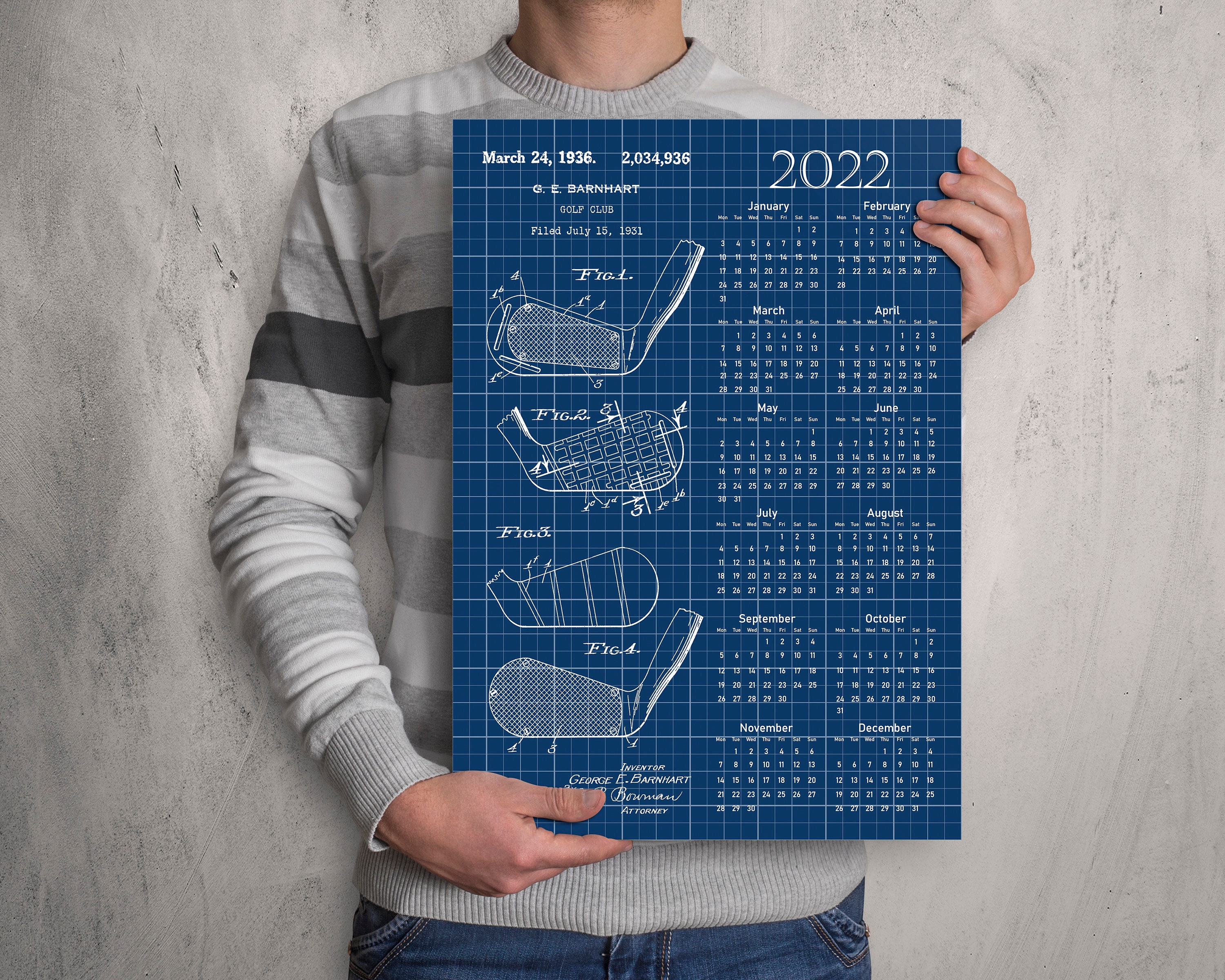 Golf Calendar 2022 Golf Club Patent Calendar Golf Club Etsy