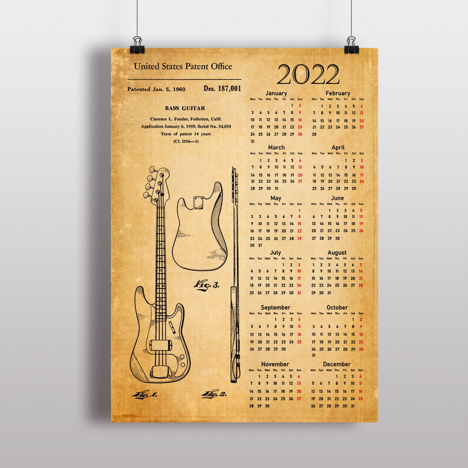 Guitar Patent Calendar 2022 Bass Guitar Desk Calendar Jazz Etsy