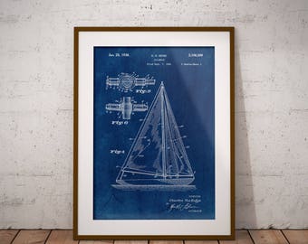Sailboat 1938 Patent Poster, Sailing Patent Print, Boat Patent Art, Gift for Sailor, Gift for Boat Lovers, Boat Wall Decor, Gift for,IAP0232