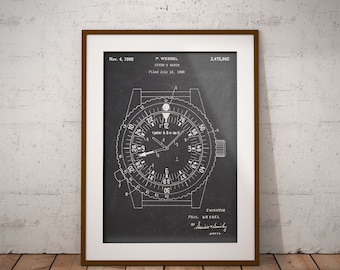 Diver's Watch 1969 Patent Poster: Diving Blueprint Art