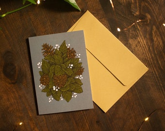 Sage and Pinecones Greeting Card, Blank Card with Matching Kraft Envelope | Illustrated Holiday Card