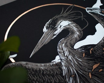 Golden Heron | 18x24 Two Color Screen Print, Bronze Metallic | Fantasy Art | Wildlife Print