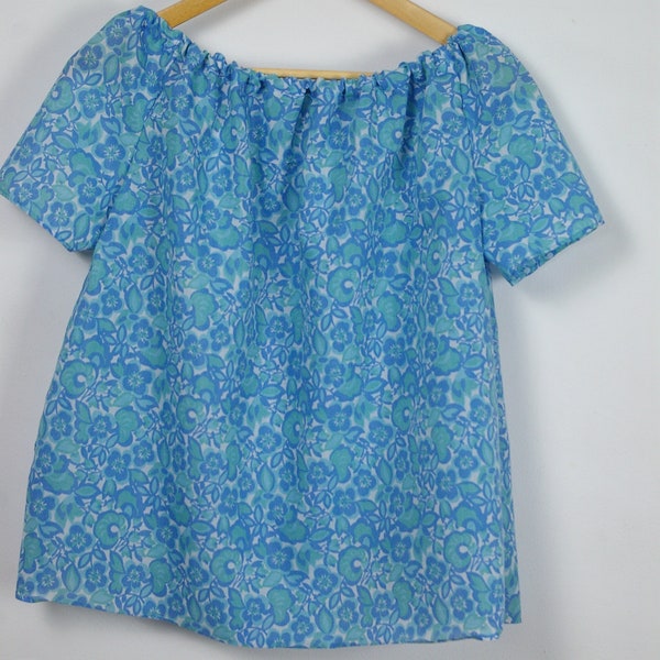 Blue/Green thin cotton voile blouse with gathered neckline, 1st:Size 16, chest 38 in, length 24 in; 2nd Size 20, chest 44 in length 24 in