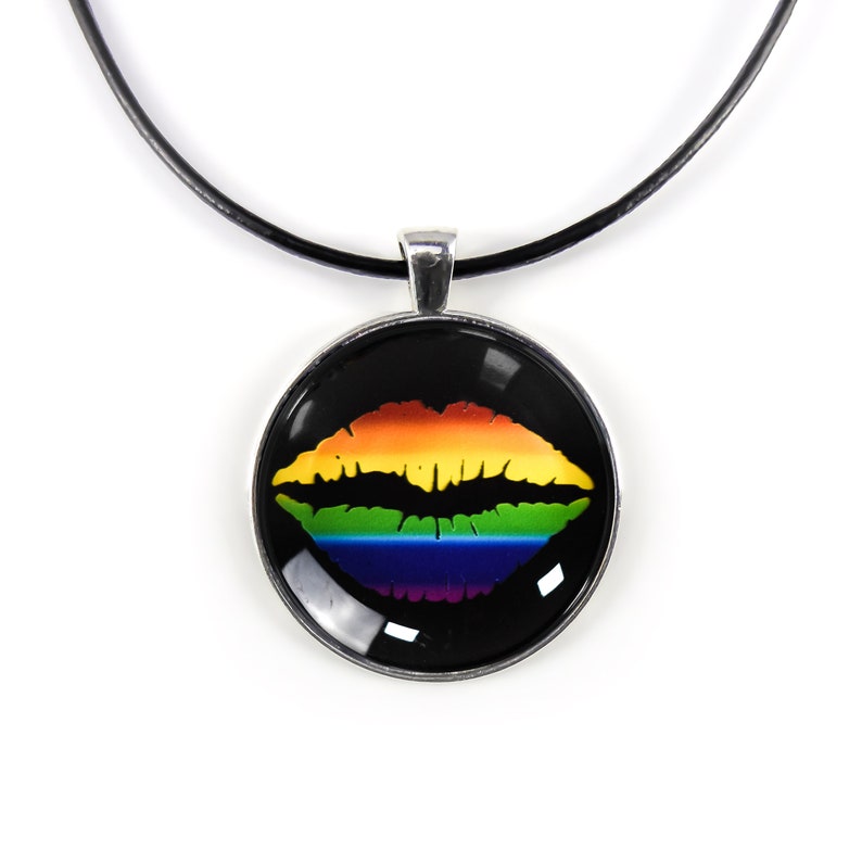 Pride Necklace Handmade Rainbow Flag Lips Stainless Steel and Glass