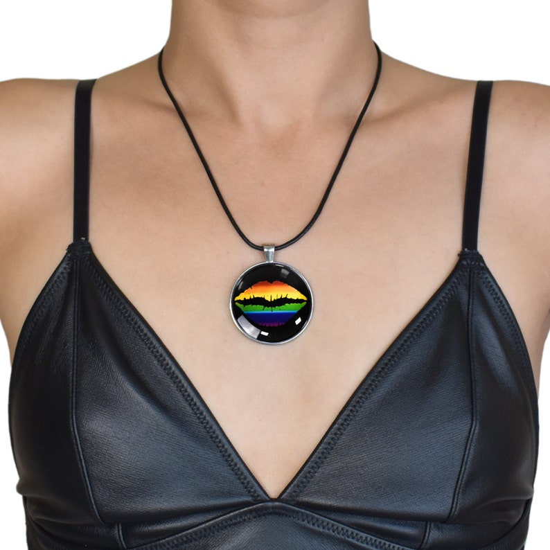 Pride Necklace Handmade Rainbow Flag Lips Stainless Steel and Glass