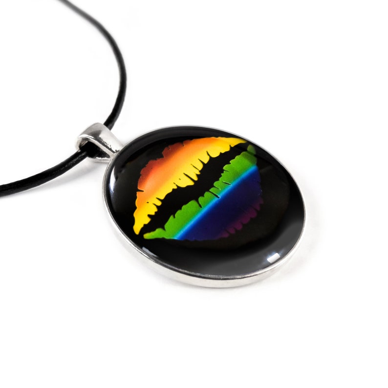 Pride Necklace Handmade Rainbow Flag Lips Stainless Steel and Glass