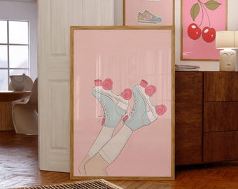 Impresión digital de patines sobre ruedas, descarga de impresión de patinaje sobre ruedas, arte de pared retro, decoración de dormitorio, patines rosas, arte de pared preppy