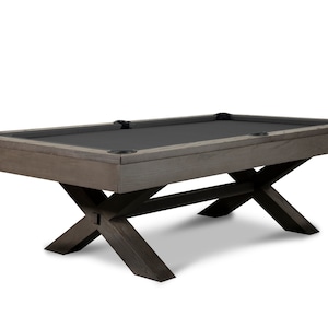 May include: A gray wooden pool table with a black felt top and a unique X-shaped base.