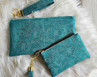 Bolso de mano de piel sintética hecho a mano y bolso a juego, color verde azulado