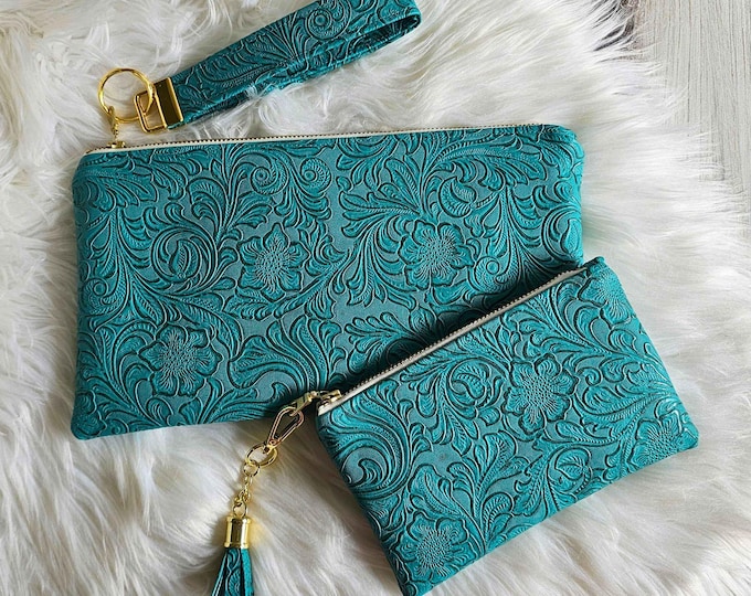 Featured listing image: Teal Faux Leather Handmade Wristlet Clutch and Matching Pouch