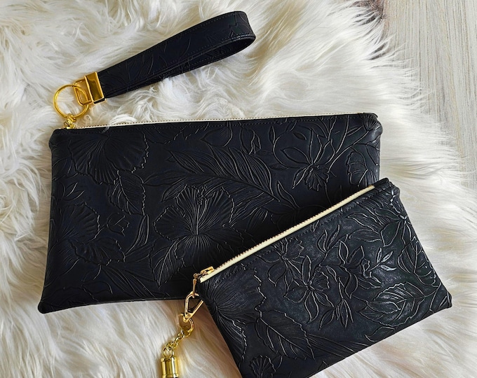 Featured listing image: Black Faux Leather Handmade Wristlet Clutch with four card slots and matching pouch