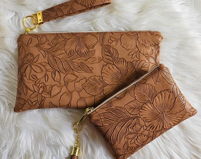 Featured listing image: Camel Faux Leather Handmade Wristlet Clutch with four card slots and matching pouch