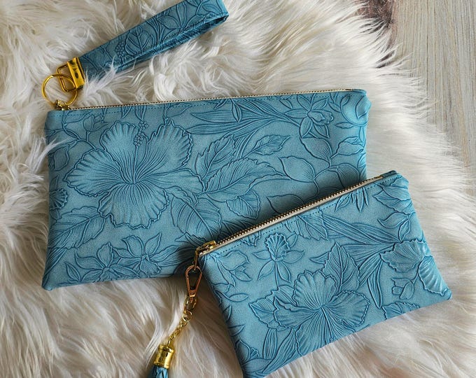 Featured listing image: Moonstone Faux Leather Handmade Wristlet Clutch with four card slots and matching pouch