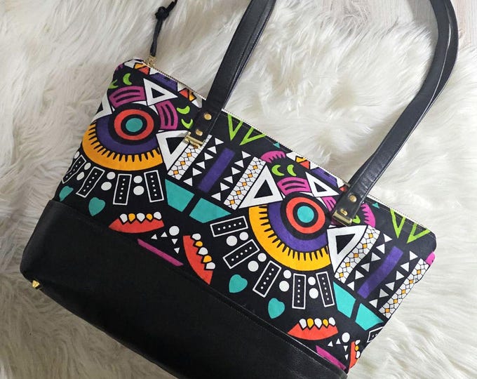 Featured listing image: Spacious Geometric Print Tote Bag: Zippered Closure, Interior Pockets, Leather Handles