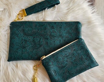 Cartera de mano de piel sintética hecha a mano con cuatro ranuras para tarjetas y bolsa a juego, color verde mar