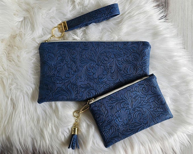 Featured listing image: Navy Faux Leather Handmade Wristlet Clutch with four card slots and matching pouch