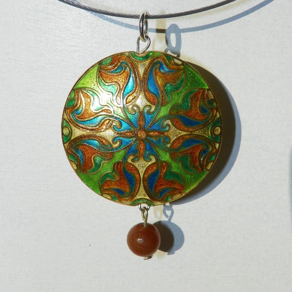 PENDENTIF Rare, Unique et d'Exception avec une grosse Magnifique Perle Emaillée et Cloisonnée réversible et une Belle Perle en Aventurine