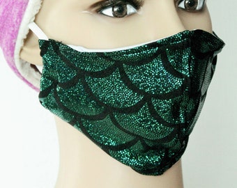 Green Mermaid Face Mask with pocket for Filter, Reusable, Washable, Made in USA, Dust Mask, Filter Face Mask