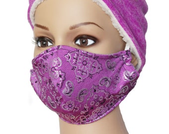 Purple Bandana Print Face Mask with pocket for Filter, Reusable, Washable, Made in USA, Dust Mask, Filter Face Mask