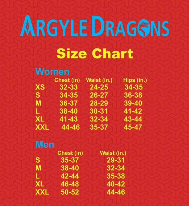 May include: Size chart for women and men clothing with measurements in inches. The chart shows sizes XS, S, M, L, XL, and XXL with corresponding chest, waist, and hip measurements.