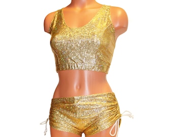 Shiny Gold Bralette and Booty Shorts, Festival Clothes, Pole Dance Clothes, Rave Clothes