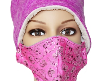 Pink Bandana Print Face Mask with pocket for Filter, Reusable, Washable, Made in USA, Dust Mask, Filter Face Mask