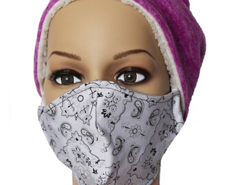 White Bandana Print Face Mask with pocket for Filter, Reusable, Washable, Made in USA, Dust Mask, Filter Face Mask