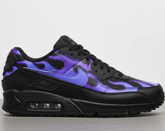 Custom Sneakers Nike Air Max 90 Leather Black Purple Flames Hand Painted Shoes