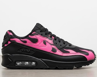 Benutzerdefinierte Turnschuhe Nike Air Max 90 Schwarz Rosa Flammen Handbemalte Schuhe