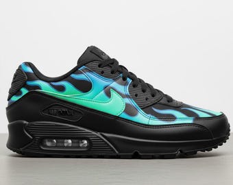 Nike Air Max 90 Leather Custom Sneakers Green Blue Flames