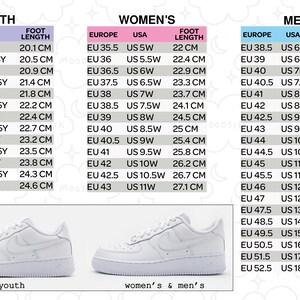 May include: White sneakers with size charts for youth, women's, and men's sizes. The charts include European, US, and foot length measurements in centimeters. The image also shows a pair of white sneakers.
