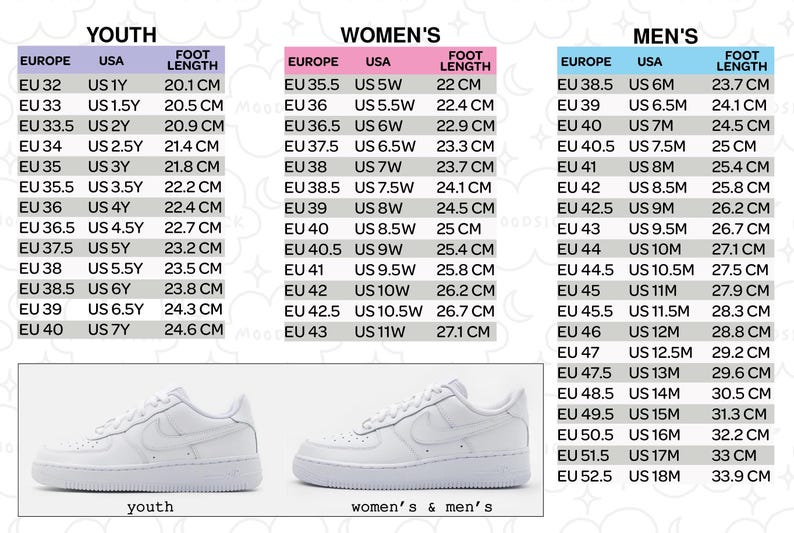 May include: White sneakers with size charts for youth, women's, and men's sizes. The charts include European, US, and foot length measurements in centimeters. The image also shows a pair of white sneakers.