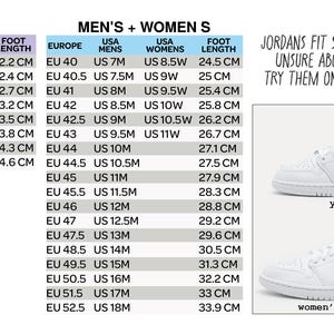 Puede incluir: Zapatillas blancas con tablas de tallas para j&oacute;venes, hombres y mujeres. La tabla incluye medidas europeas, estadounidenses y longitud del pie en cm. El texto aconseja probarse los zapatos en la tienda.