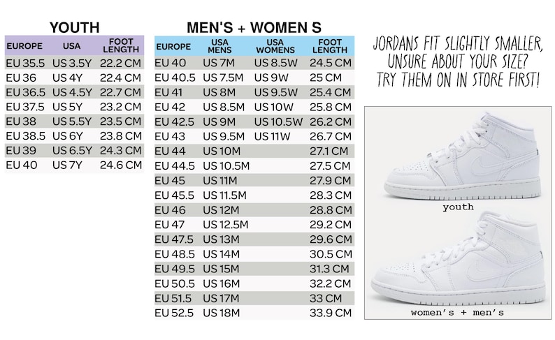 Puede incluir: Zapatillas blancas con tablas de tallas para j&oacute;venes, hombres y mujeres. La tabla incluye medidas europeas, estadounidenses y longitud del pie en cm. El texto aconseja probarse los zapatos en la tienda.