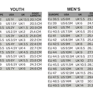 May include: Shoe size conversion chart for youth and men's sizes. Displays European, UK, and US sizes with foot lengths in centimetres. The chart is in black and white.