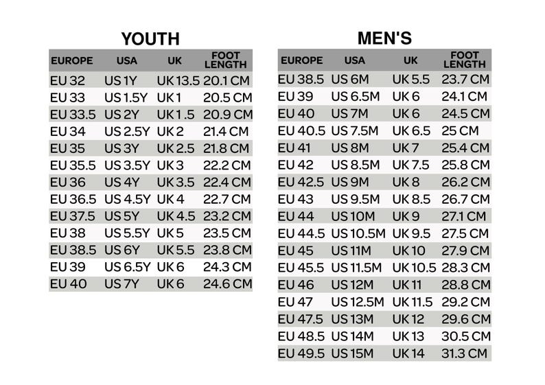 May include: Shoe size conversion chart for youth and men's sizes. Displays European, UK, and US sizes with foot lengths in centimetres. The chart is in black and white.