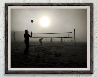 Manhattan Beach California Foggy Morning of Beach Volleyball Black and White Photo Print