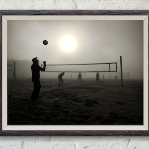 Manhattan Beach California Foggy Morning of Beach Volleyball Black and White Photo Print