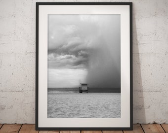 Manhattan Beach Decor, California Lifeguard Tower, Cloudy Beach with a Storm over the Pacific Ocean, Black and White Photo Print