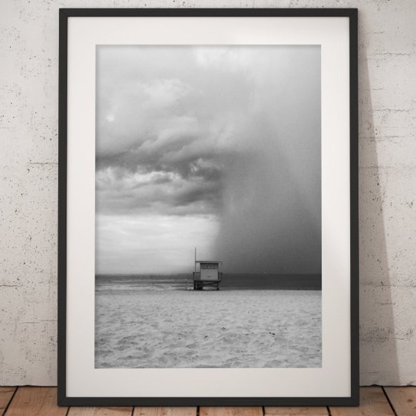 Manhattan Beach Decor, California Lifeguard Tower, Cloudy Beach with a Storm over the Pacific Ocean, Black and White Photo Print