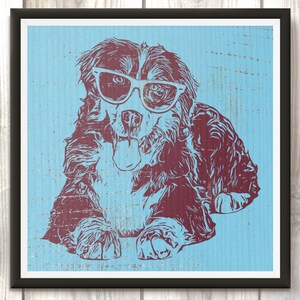 Perro de montaña bernés que lleva gafas, arte del perro, decoración del perro, cartel lindo, cachorros