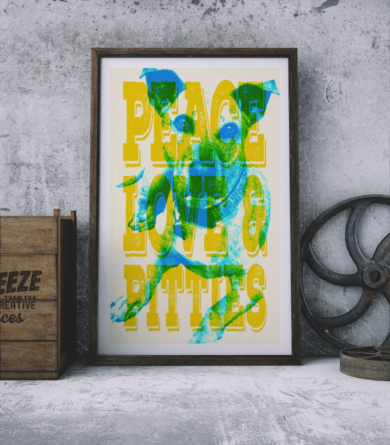 Pit Bull Dog Wall Art called Peace, Love & Pitties. Pit Bull Terrier Poster Print, Dog Theme, Dog Wall Art, Pitbull Decor, Dog Bedroom Art image 2