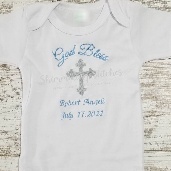 Baptism embroidered onesie, baptism, christening onesie, baptism gift, boy baptism, girl baptism, personalized baptism gift,God bless onesie