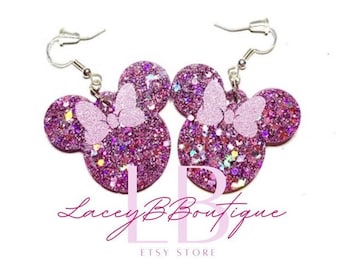 Chunky Pink Mouse Dangle Earrings - Glitter Resin