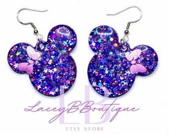 Purple Confetti Mouse with Mini Bow Dangle Earrings - Glitter Resin