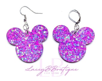 Pink Purple Party Confetti Mouse Dangle Earrings - Color shift Glitter - Chunky Purple and Pink Resin Glitter Earrings