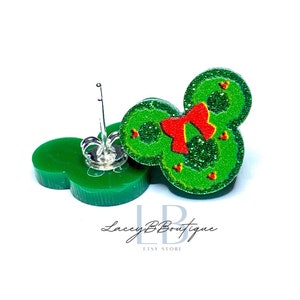 Green Mouse Christmas Wreath Stud Earrings - Sterling Silver
