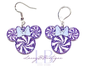 Purple Peppermint Swirl Mouse Dangle Earrings - Hypoallergenic N925 Sterling Silver Earrings  - Magical Christmas Accessories