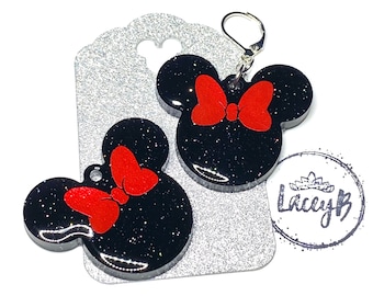 Classic Mouse Resin Earrings - Dangle Earrings-Red Shimmer Bow-Glitter Resin