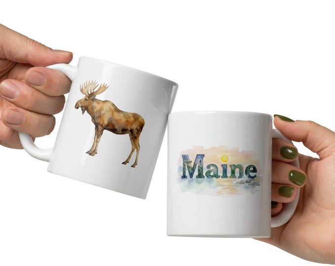 Maine Moose Painting Ceramic Mug • Maine Coffee Cup • Moose Watercolor Mug • Mainer Gift